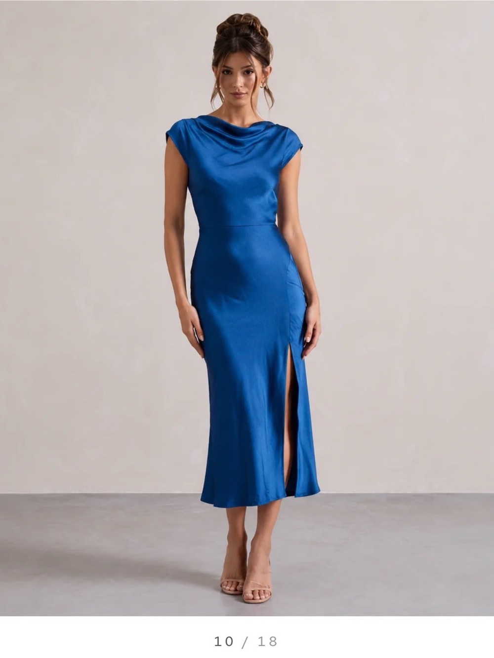 Elegant Blue Cowl Neck Midi Dress with Side Slit